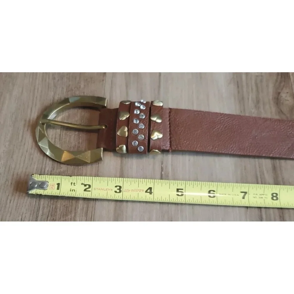 Betsy Johnson Belt Size Large Faux Leather Brown‎ Brass Color Buckle Hearts